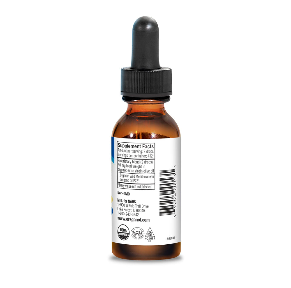 Close-up of Oreganol P73 label highlighting wild organic oregano oil