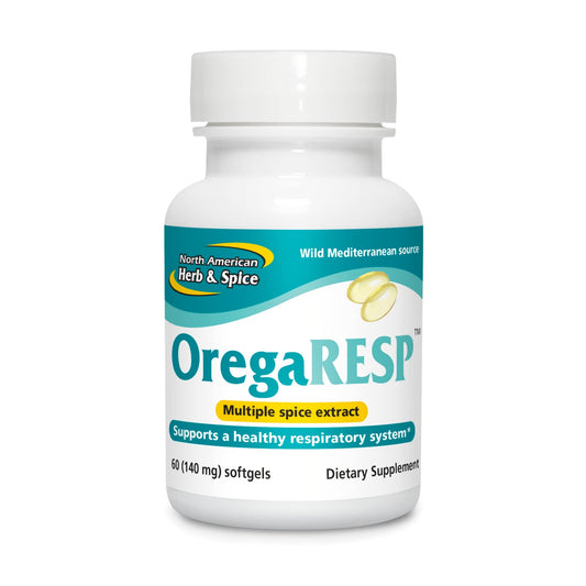 North American Herb & Spice OregaResp P73 bottle label highlighting full-spectrum oregano oil for immune support