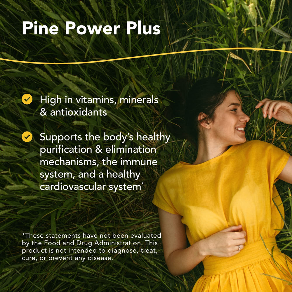 Pine Power Plus bottle label showing wild pine and spruce needle infusion
