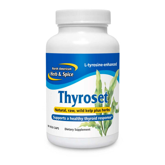 NORTH AMERICAN HERB & SPICE Thyroset bottle with wild kelp and herbs for daily wellness.