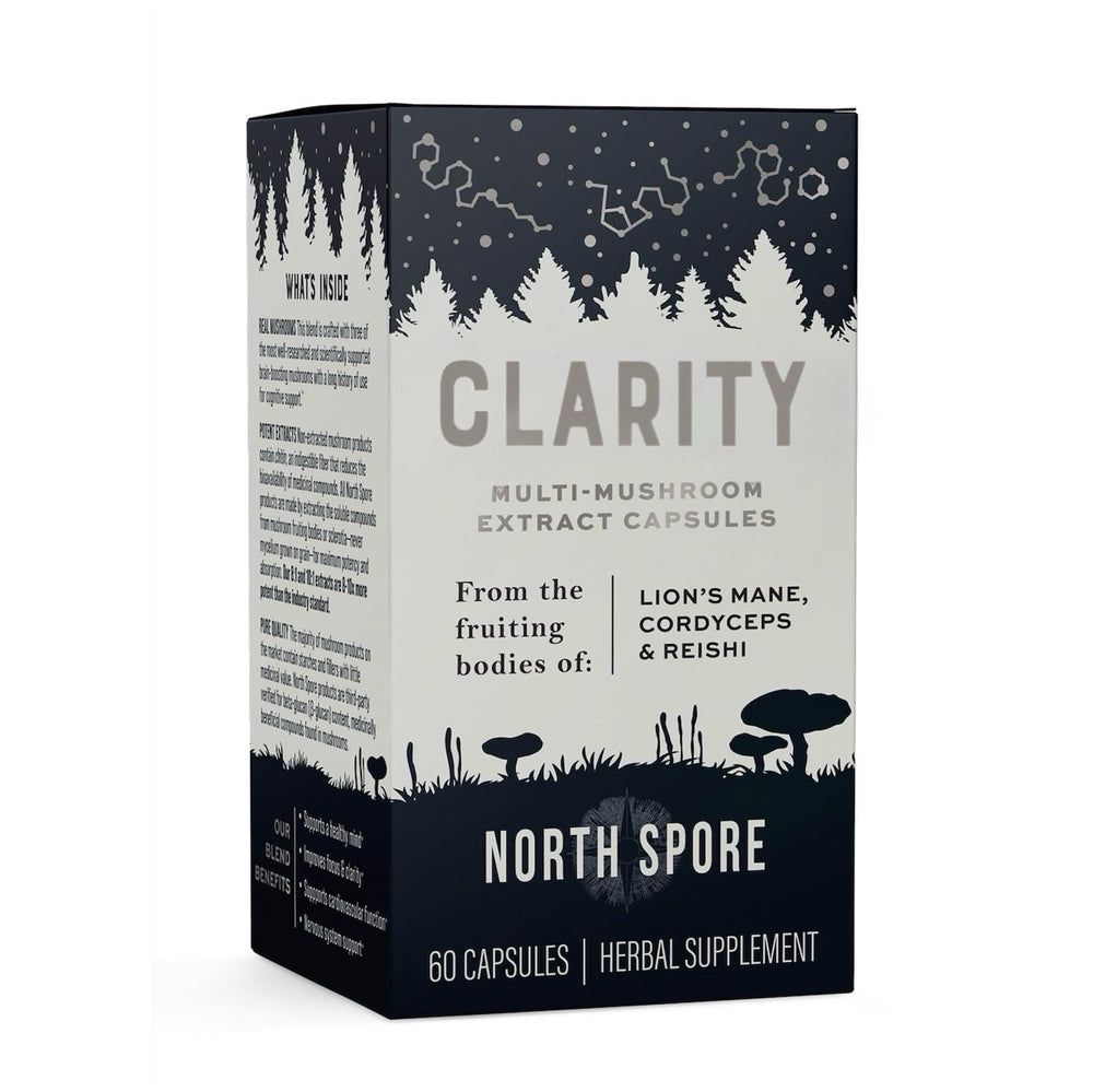 North Spore Clarity capsules closeup showing potent mushroom blend benefits.
