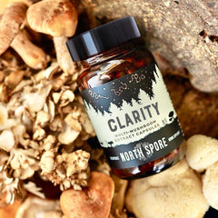 North Spore Clarity label detail emphasizing organic, non-GMO formula.