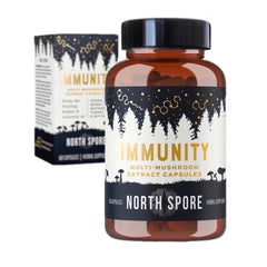 North Spore Immunity bottle with capsules showing five-mushroom blend for immune support.