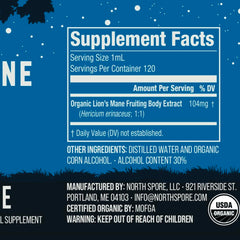 North Spore Lions Mane tincture USA-made production badge visible.