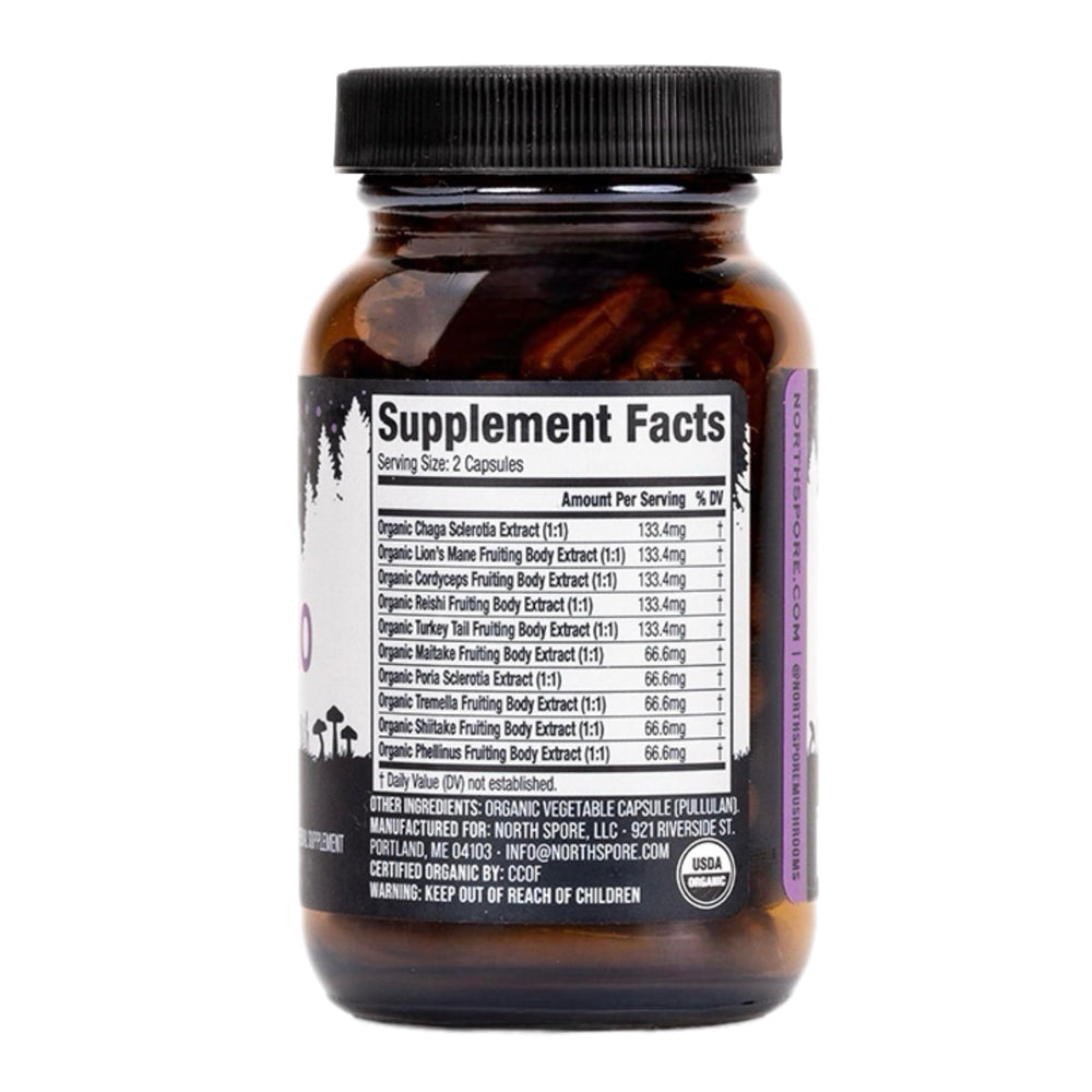 North Spore Spectrum 10 capsules packaging conveys vegan, organic supplement credibility.
