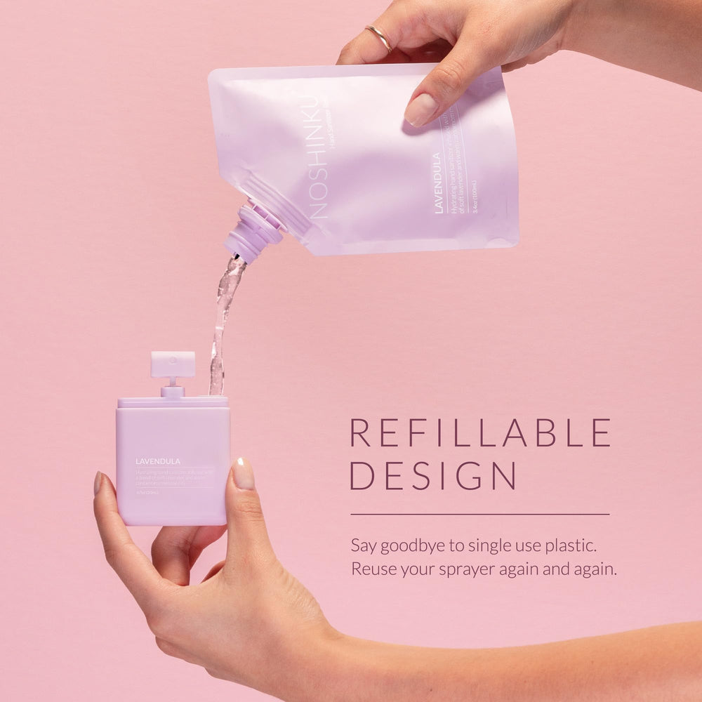 Noshinku Lavendula travel spray bottle shown in compact design for pockets