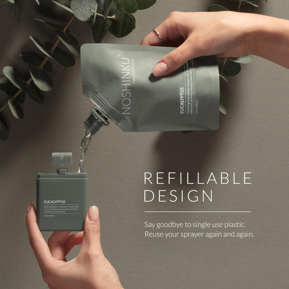 Noshinku eucalyptus refillable sprayer showing natural scent and pocket use