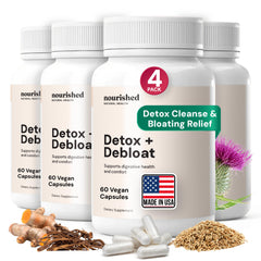 Nourished Detox + Debloat bottle cap close-up showing capsules for daily wellness support