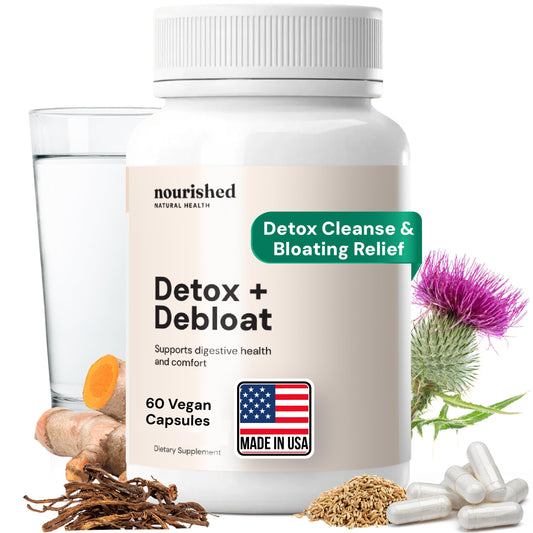 Nourished Natural Health Detox and Debloat bottle front showing product design for daily support.