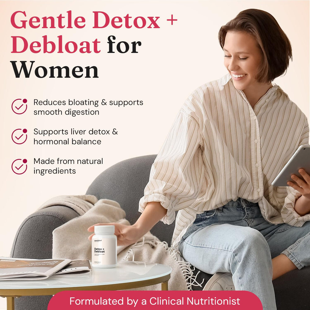 Nourished Natural Health Detox and Debloat capsules closeup emphasizing convenient daily dosing.