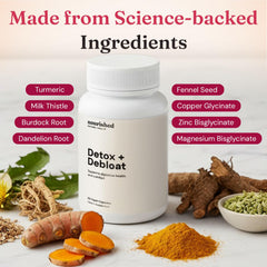 Nourished Natural Health Detox and Debloat capsules highlight milk thistle botanicals.
