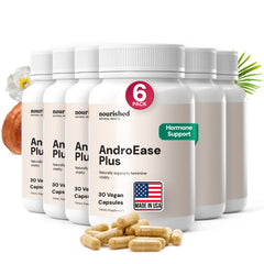 Nourished AndroEase Plus bottle on shelf for daily wellness support.