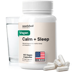 Nourished Natural Health Calm + Sleep bottle closeup showing a melatonin-free night support option.
