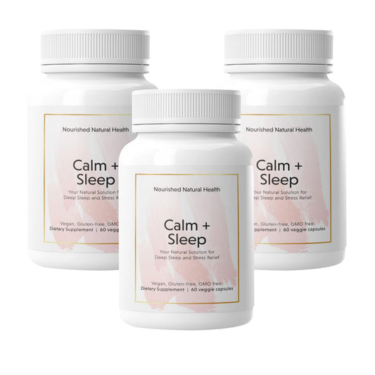 Nourished Natural Health Calm + Sleep bottle on nightstand supports a calming bedtime routine