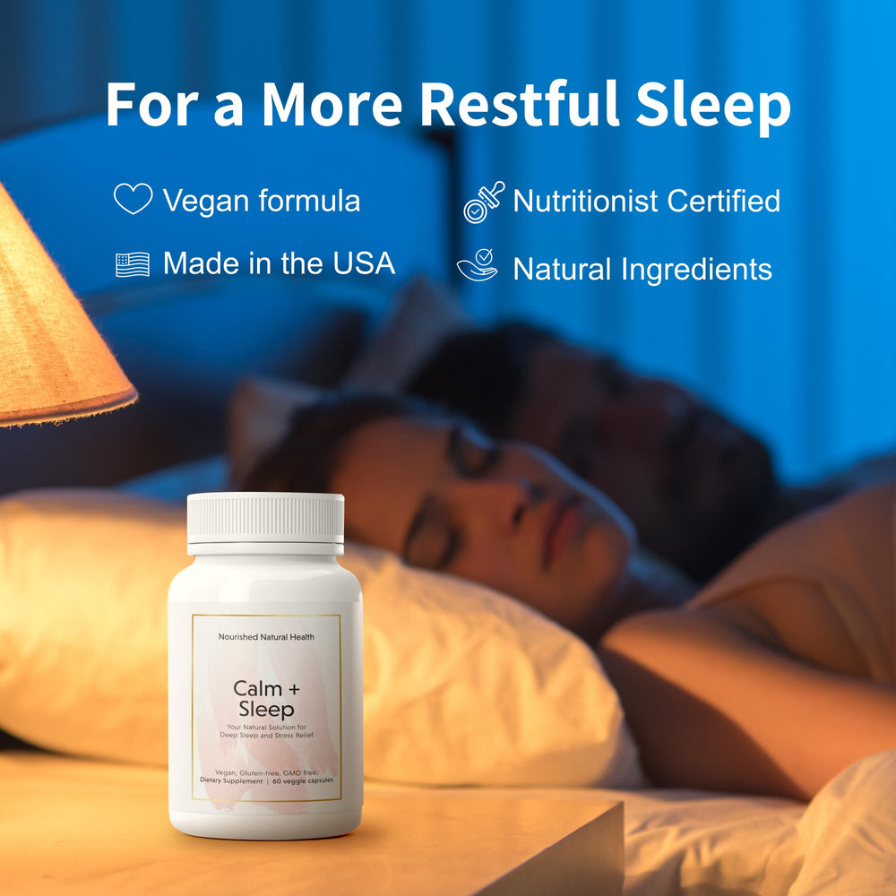Nourished Natural Health Calm + Sleep ingredients featuring ashwagandha and chamomile