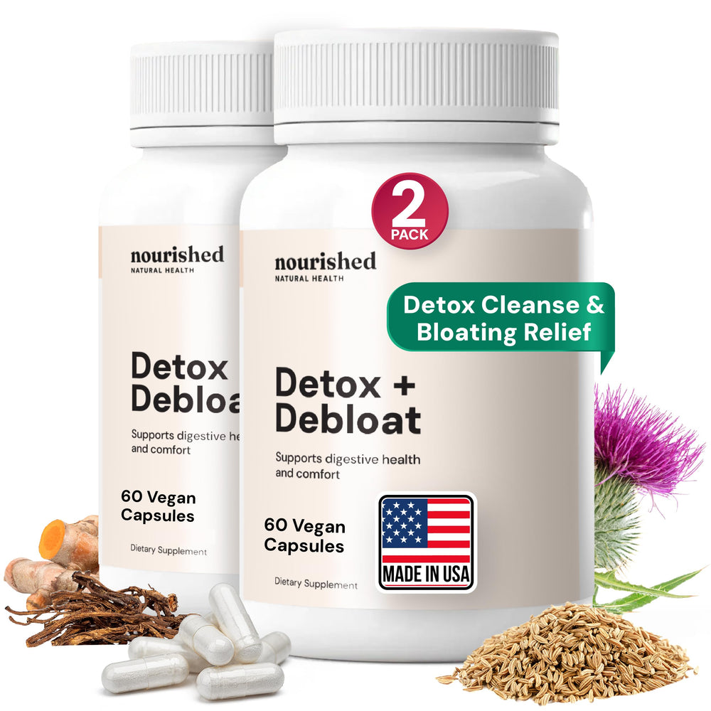 Nourished Natural Health Detox Debloat bottle of capsules for gentle bloating relief and digestion support