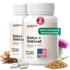 Nourished Natural Health Detox Debloat bottle of capsules for gentle bloating relief and digestion support