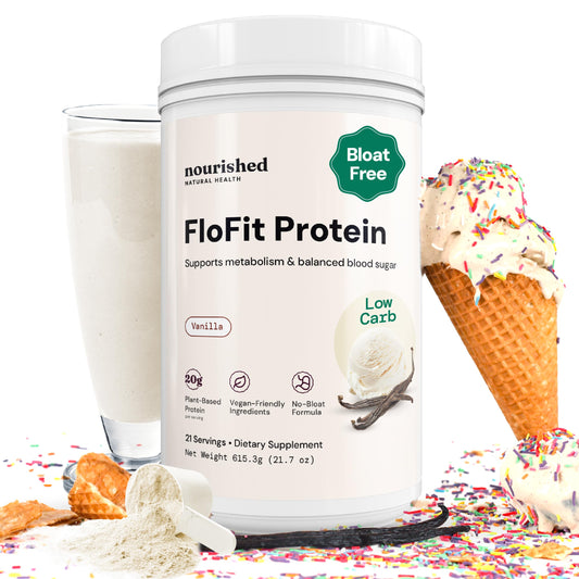 Nourished Natural Health FloFit pea protein bottle front, high-protein, low-carb option for daily fueling.