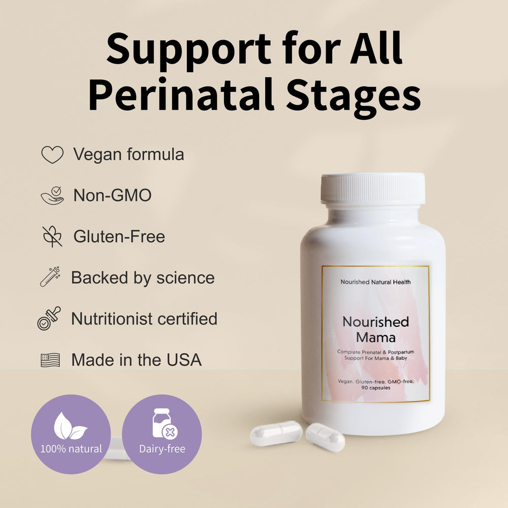 Packaging box for Nourished Prenatal Mama with vegan and third-party tested cues