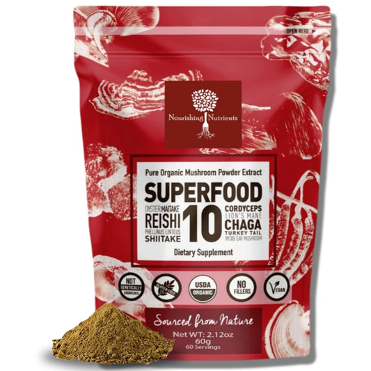 Nourishing Nutrients organic mushroom powder container label highlights purity of a 10-mushroom blend.