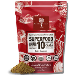Nourishing Nutrients organic mushroom powder container label highlights purity of a 10-mushroom blend.