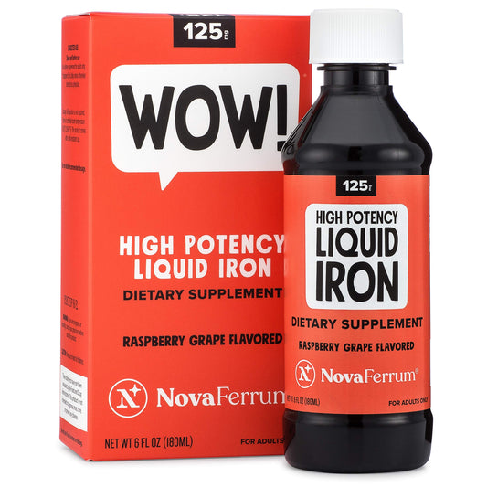 NovaFerrum WOW bottle with dropper shows high-potency liquid iron for adult daily use