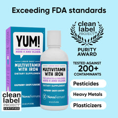 NovaFerrum Yum label close-up highlights gluten-free and sugar-free formulation.