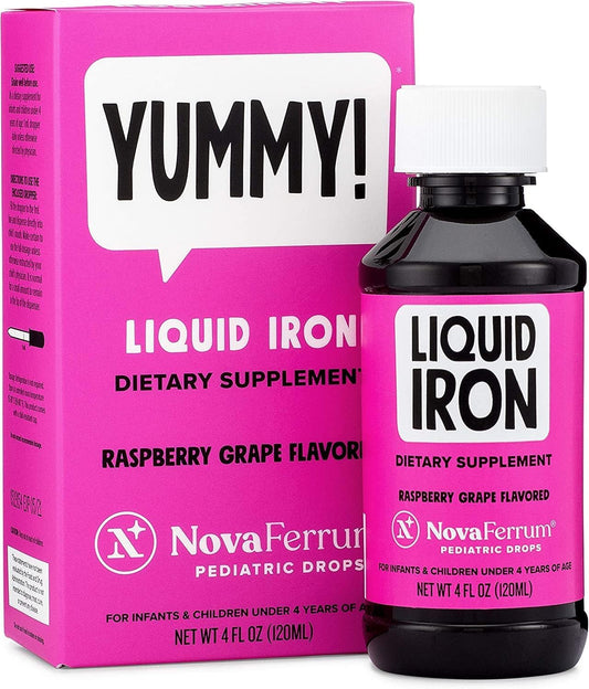 NovaFerrum Yummy Raspberry drops bottle pour for easy, kid-friendly iron supplementation