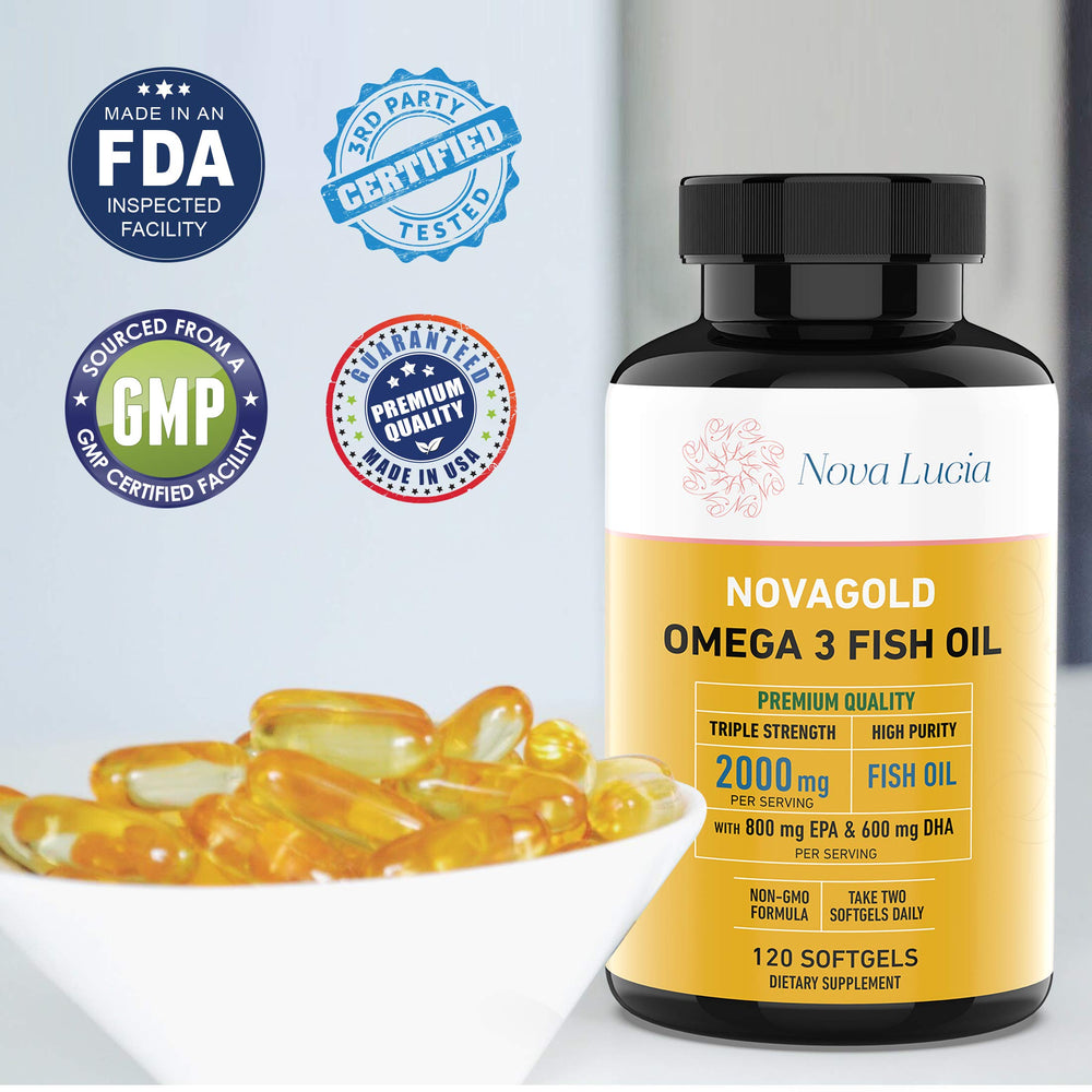 NovaGold Omega-3 non-GMO formula with quality assurance stamp