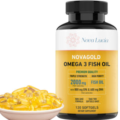 NovaGold Omega 3 bottle front with high-strength EPA/DHA labeling for daily support