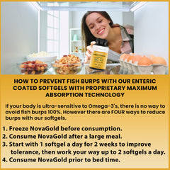 NovaGold Omega 3 softgels closeup showing burpless capsules for easy swallowing
