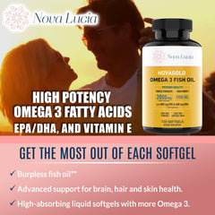 NovaGold Omega-3 softgels on spoon showing convenient daily dosage