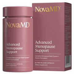 NOVAMD bottle showing menopause supplement designed for symptom support.