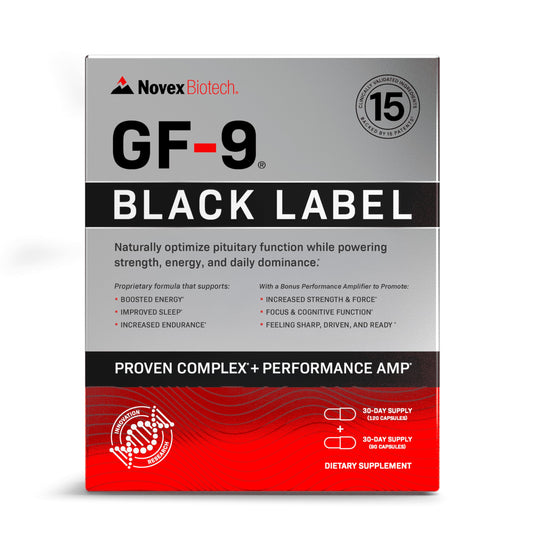 Novex Biotech GF-9 Black Label bottle with capsules supporting strength and focus.
