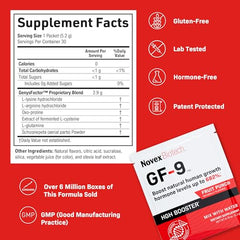 Novex Biotech GF-9 product line with bottle and sachets for versatile use.