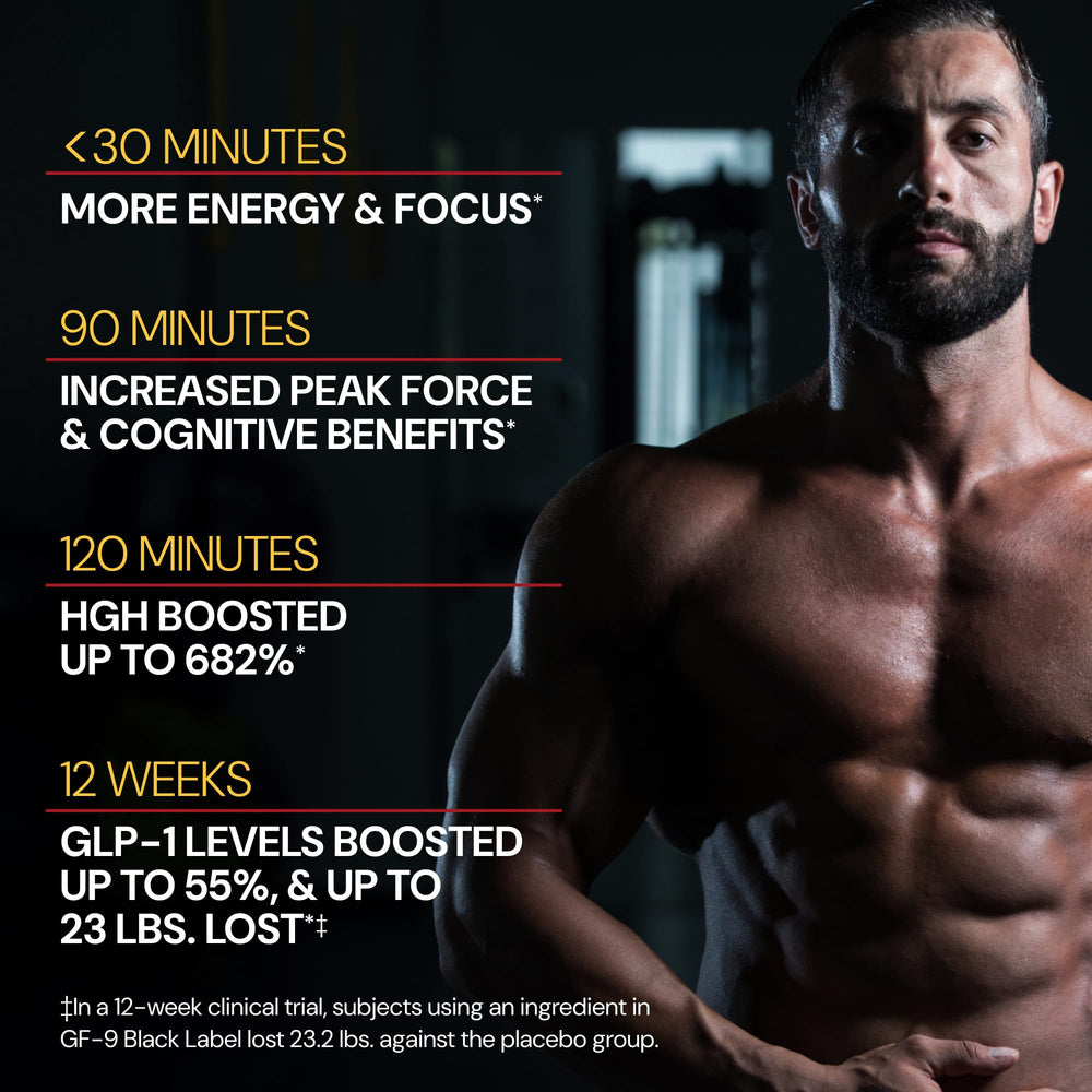 GF-9 Black Label label detail showing scientifically formulated ingredients.