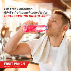 GF-9 powder dispensed into a glass for post-workout energy support.
