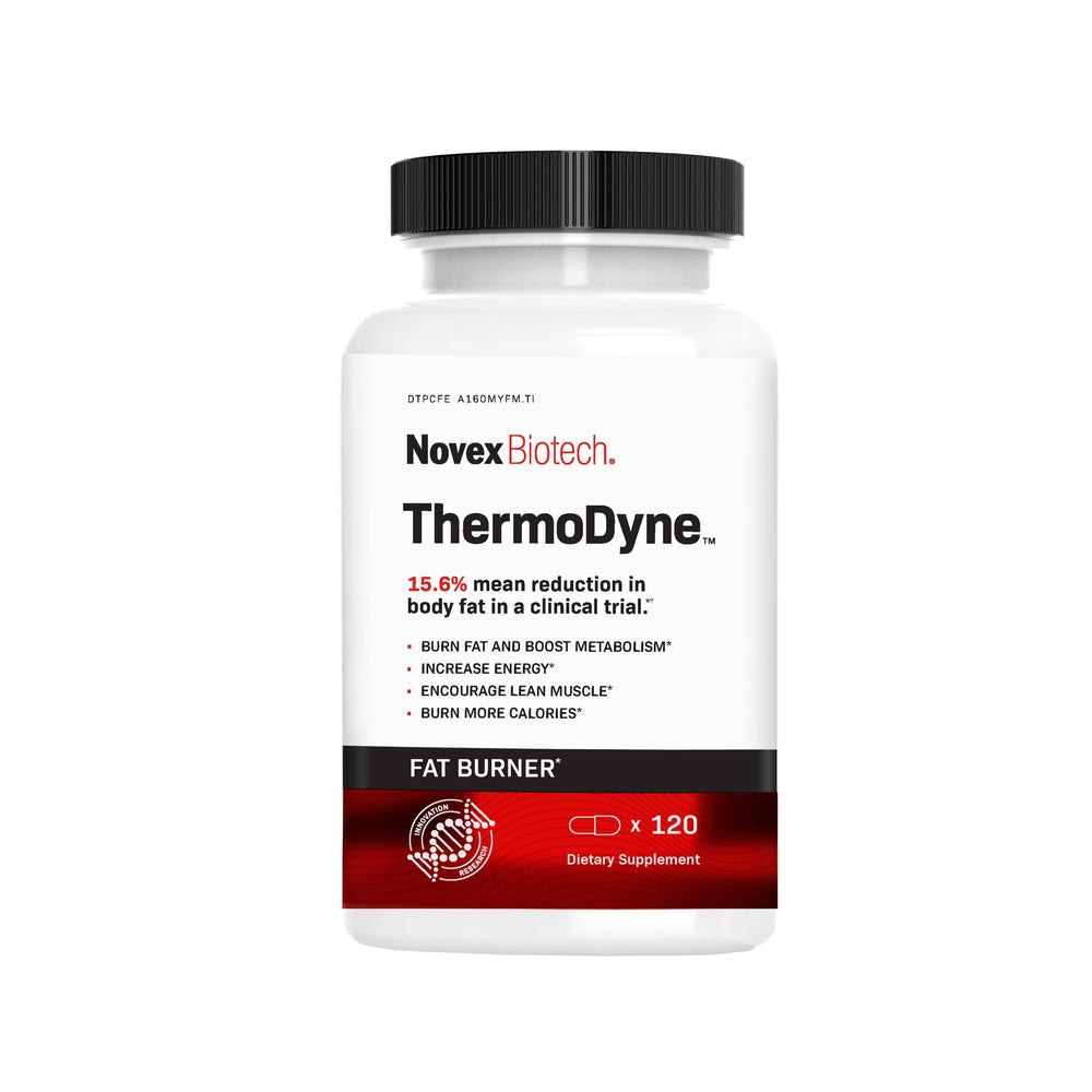 Novex Biotech ThermoDyne bottle close-up for energy-boosting fat burner