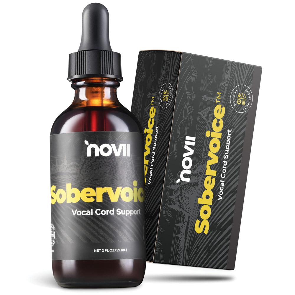 NOVII Sobervoice amber bottle protecting herbal formula for vocal relief.