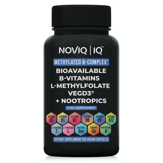 NOVIQ 11-in-1 Methylated B-Complex bottle pour supports daytime energy.