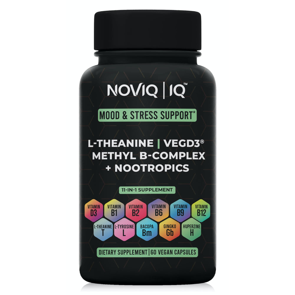 NOVIQ 11-in-1 mood and stress supplement bottle for calm focus.
