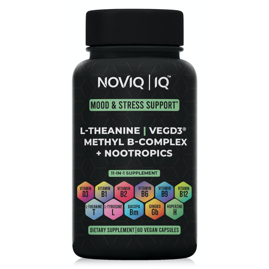 NOVIQ 11-in-1 mood and stress supplement bottle for calm focus.