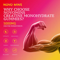 Novomins Creatine Gummy close-up texture highlighting chewy, tasty pre-workout option