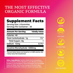 Novomins Creatine Gummy serving with four gummies showing 5g per serving for workout support
