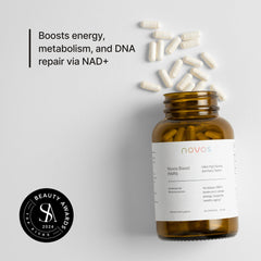 Novos Boost NMN capsules close-up highlighting 250 mg per serving