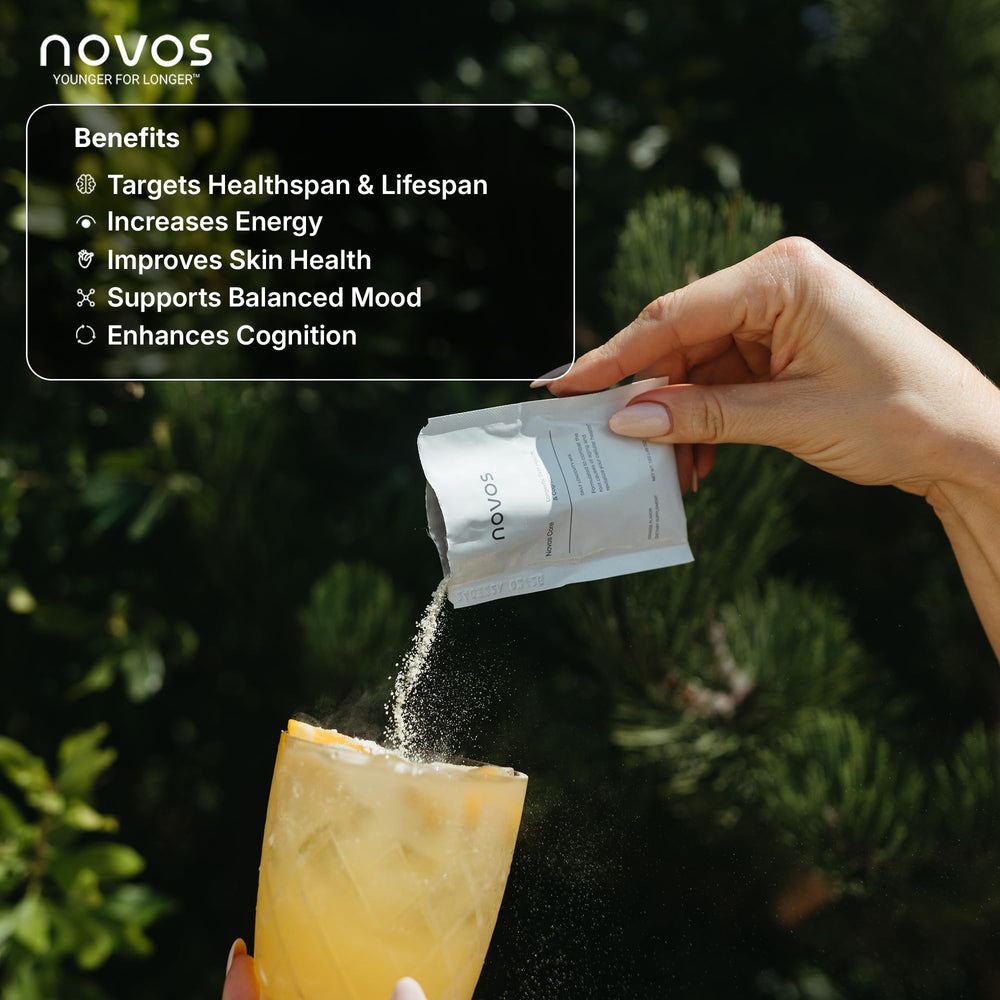 Glass of orange drink featuring Novos Core Longevity Mix for quick daily use