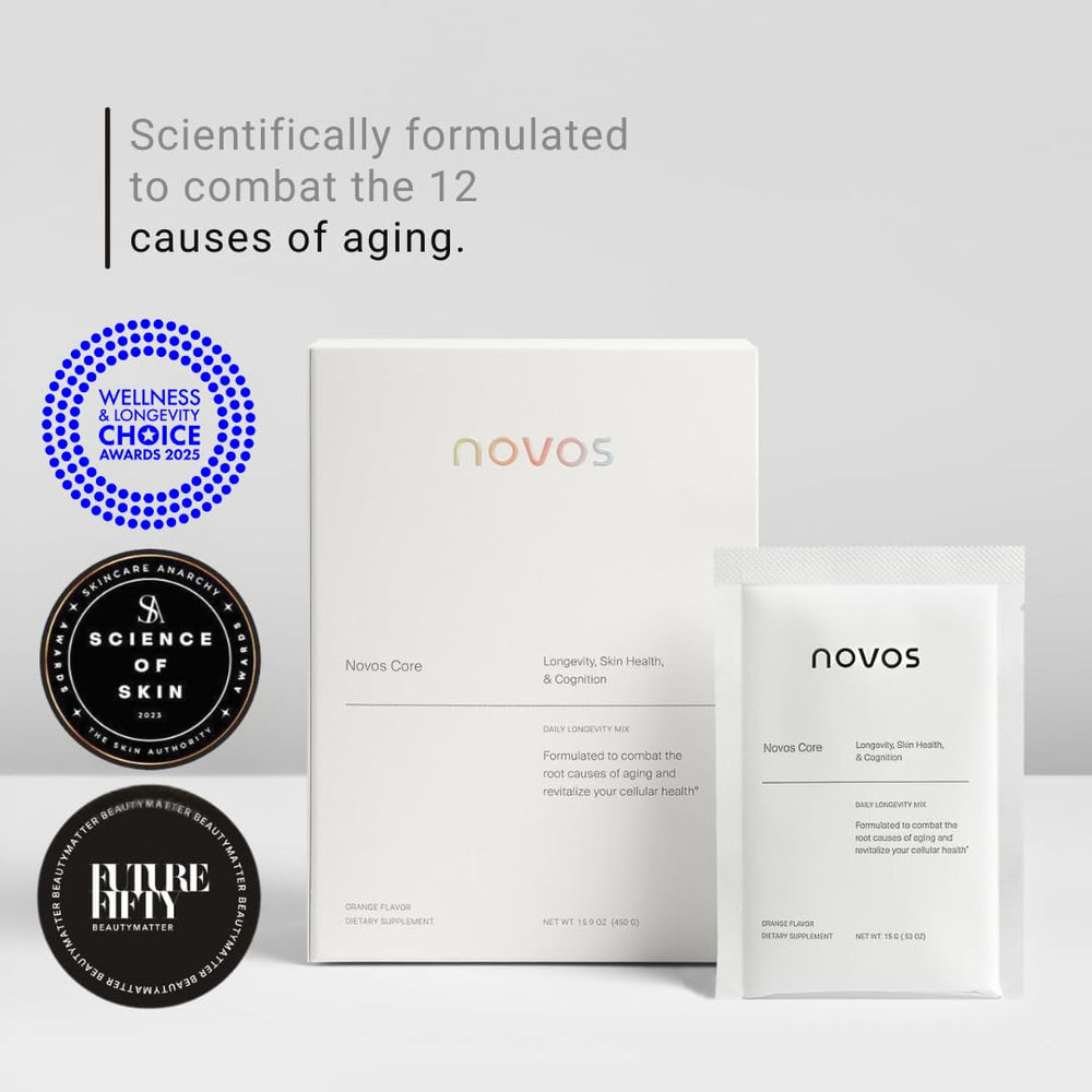 Close-up of Novos Core Longevity Mix ingredients for skin and cognition