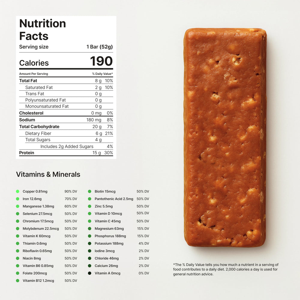 Novos Longevity Bar Mixed Berry Crunch ingredients revealed, emphasizing 20 superfoods inside.