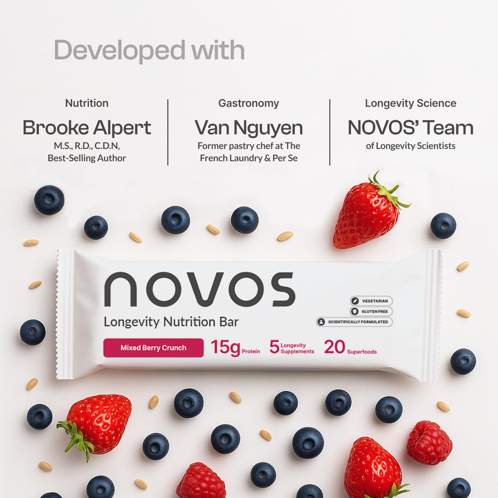Novos Longevity Bar Mixed Berry Crunch nutrition panel view, highlighting vitamins and minerals.