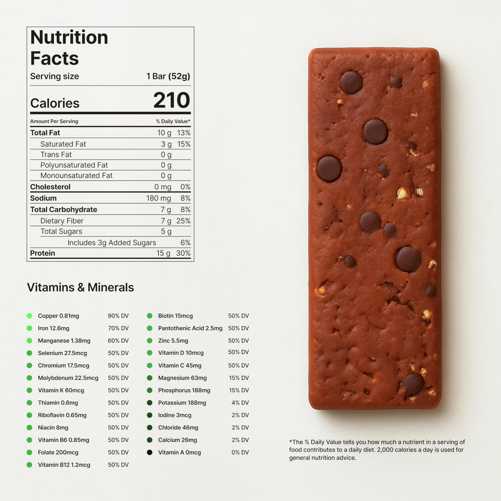 Novos Longevity Protein Bar ingredients with 20 superfoods for balanced nutrition.